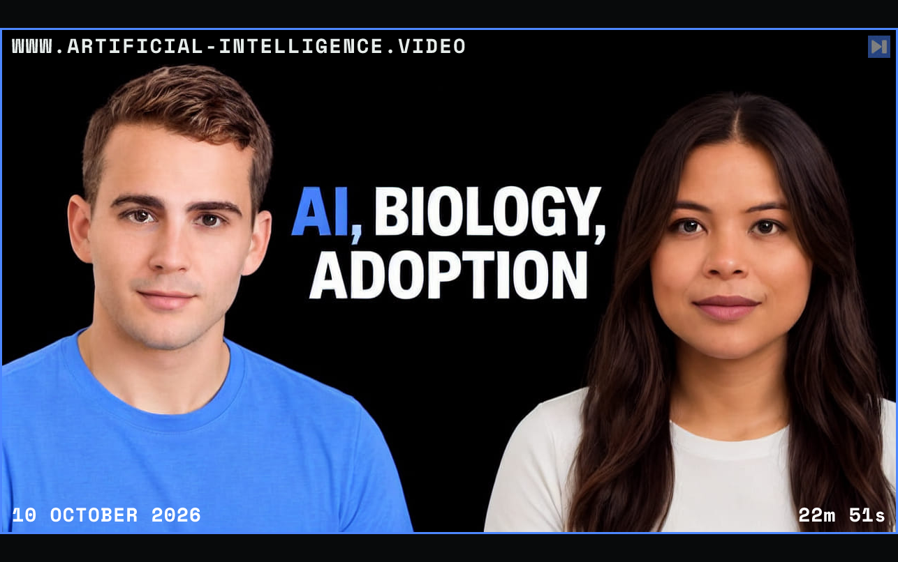 AJ Scaramucci, Sophia Dew beside the blue and white headline AI, BIOLOGY, ADOPTION on a black background. Framed in blue with WWW.ARTIFICIAL-INTELLIGENCE.VIDEO, 10 October 2026 and duration 22m 51s.