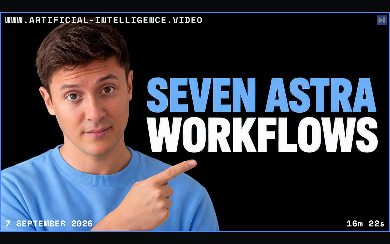 Alex Finn discussing Astra workflows with a task board, 3D game assets and remote testing. Framed in blue with WWW.ARTIFICIAL-INTELLIGENCE.VIDEO, 7 September 2026 and duration 16m 22s.