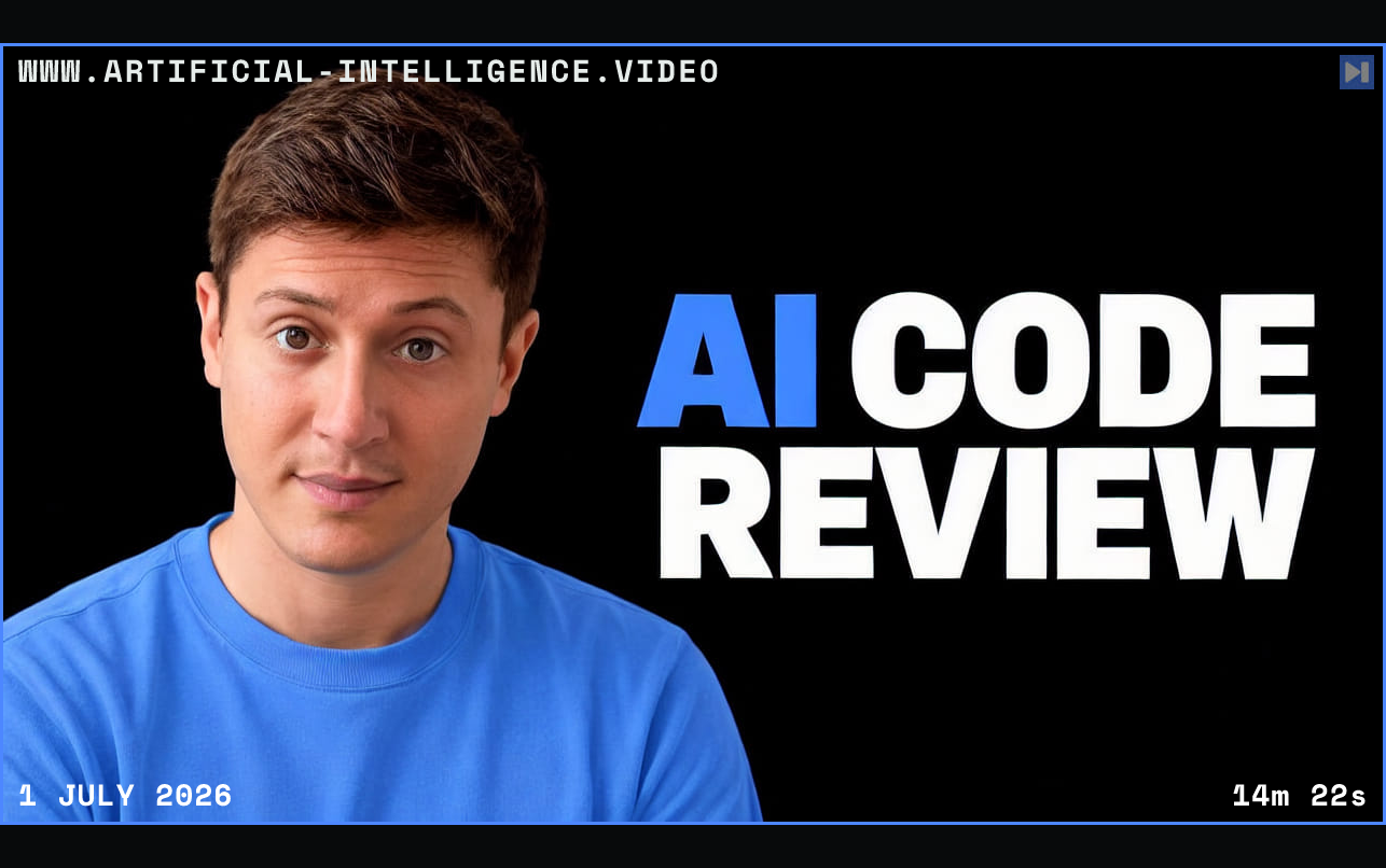 Alex Finn in a blue top against a black background beside the blue-and-white headline "AI CODE REVIEW". Framed in blue with WWW.ARTIFICIAL-INTELLIGENCE.VIDEO, 1 July 2026 and duration 14m 22s.