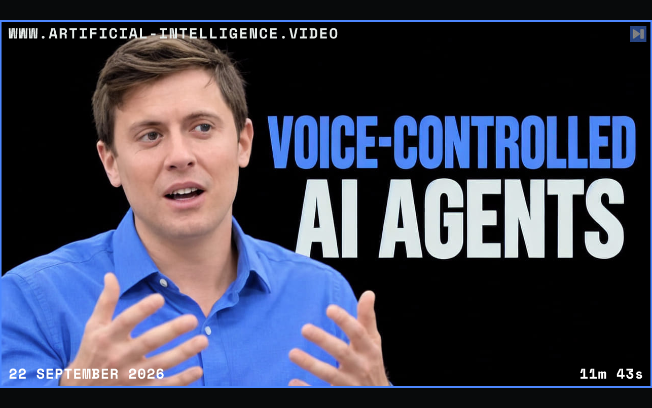 Alex Finn in a blue shirt gesturing with both hands beside “VOICE-CONTROLLED AI AGENTS” on a black background. Framed in blue with WWW.ARTIFICIAL-INTELLIGENCE.VIDEO, 22 September 2026 and duration 11m 43s.