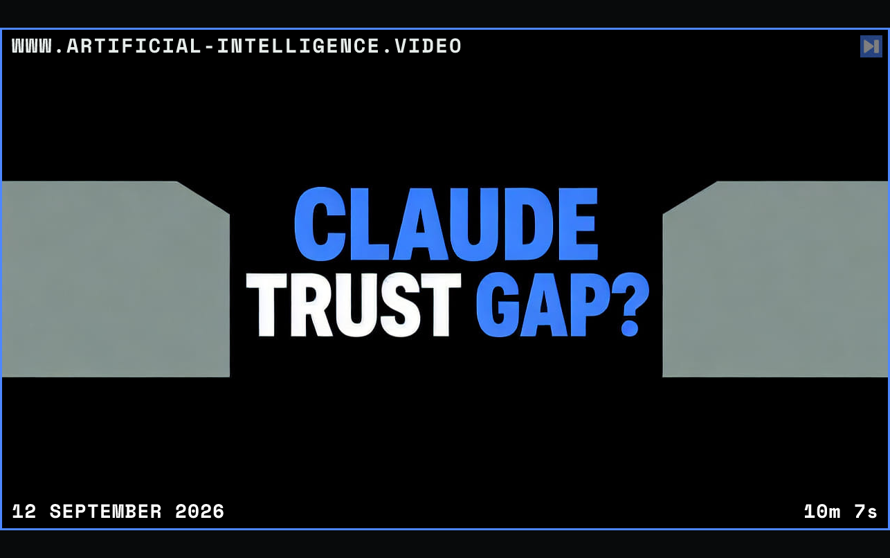 Blue and white “CLAUDE TRUST GAP?” headline between two separated flat grey blocks on a black background. Framed in blue with WWW.ARTIFICIAL-INTELLIGENCE.VIDEO, 12 September 2026 and duration 10m 7s.