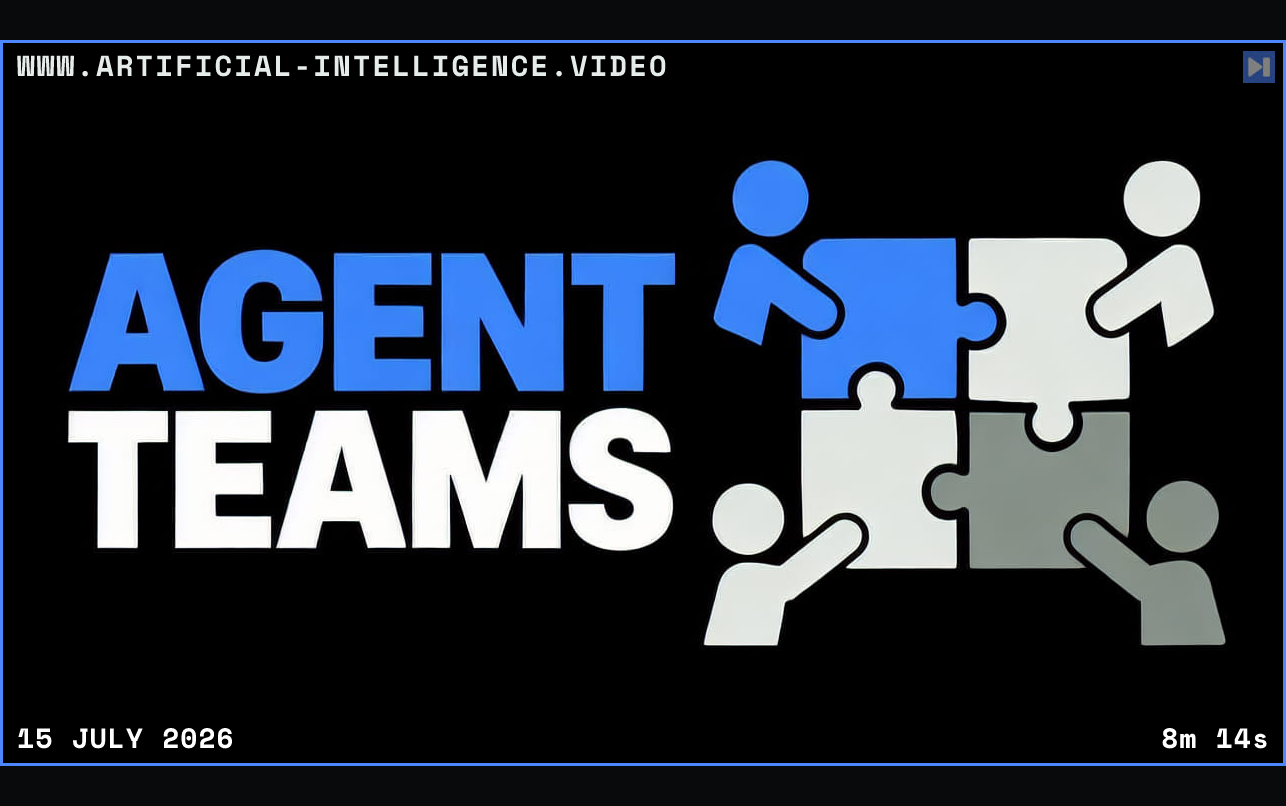 Blue AGENT and white TEAMS headline beside four flat puzzle-piece teammates against a black background. Framed in blue with WWW.ARTIFICIAL-INTELLIGENCE.VIDEO, 15 July 2026 and duration 8m 14s.