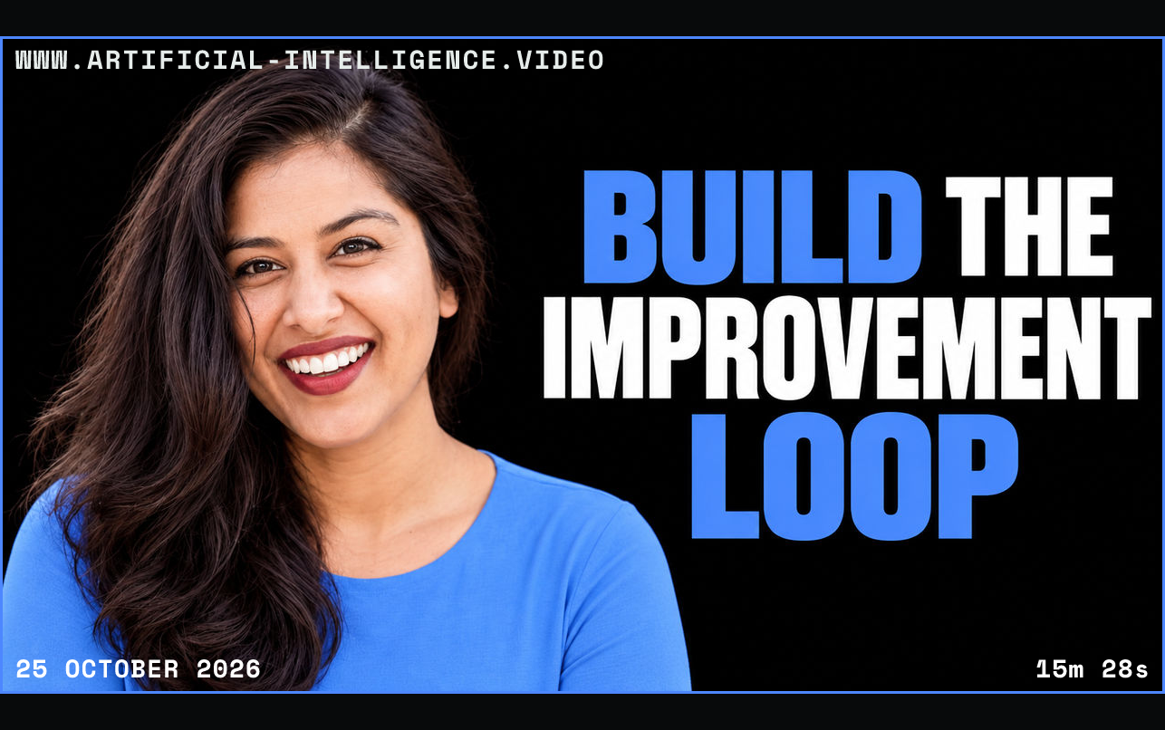 Aparna Dhinakaran in a plain blue top against black beside the white and blue headline 'BUILD THE IMPROVEMENT LOOP'. Framed in blue with WWW.ARTIFICIAL-INTELLIGENCE.VIDEO, 25 October 2026 and duration 15m 28s.