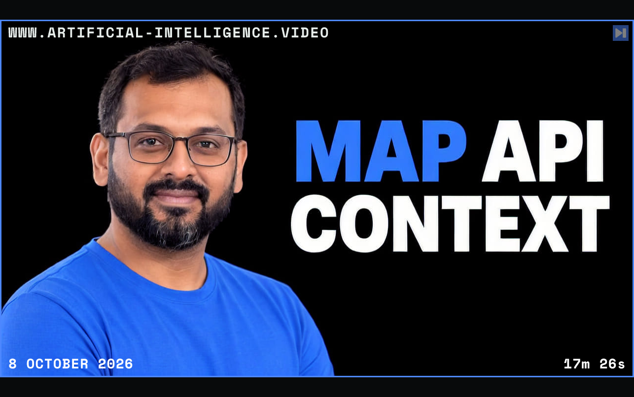 Kamalakannan Nandagopal in glasses and blue appears beside the blue and white "MAP API CONTEXT" headline. Framed in blue with WWW.ARTIFICIAL-INTELLIGENCE.VIDEO, 8 October 2026 and duration 17m 26s.