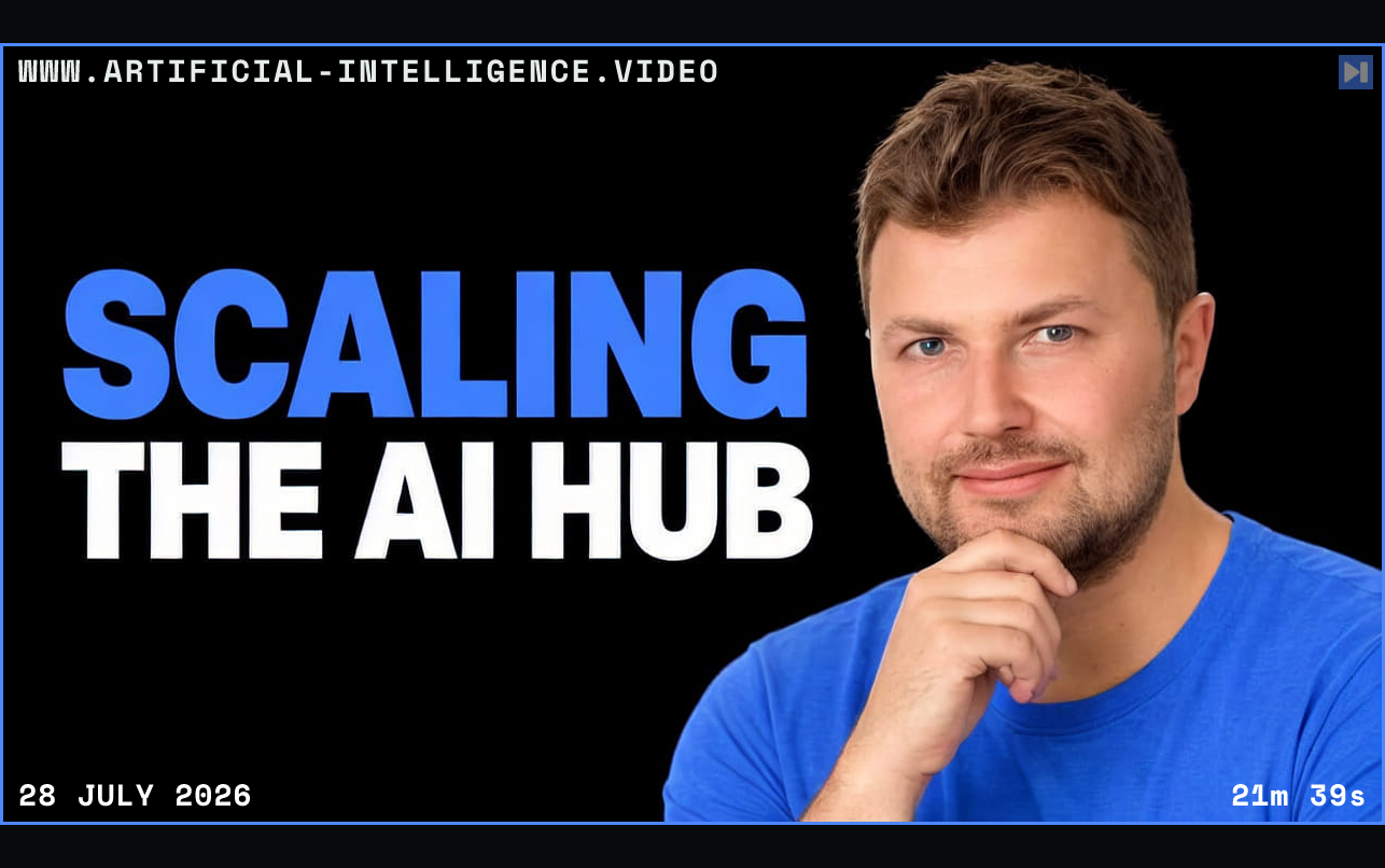 Arek Borucki in a blue top beside the blue and white headline SCALING THE AI HUB on black. Framed in blue with WWW.ARTIFICIAL-INTELLIGENCE.VIDEO, 28 July 2026 and duration 21m 39s.