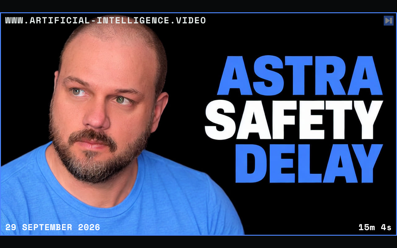 Wes Roth in blue beside the blue-and-white headline “ASTRA SAFETY DELAY” on black. Framed in blue with WWW.ARTIFICIAL-INTELLIGENCE.VIDEO, 29 September 2026 and duration 15m 4s.
