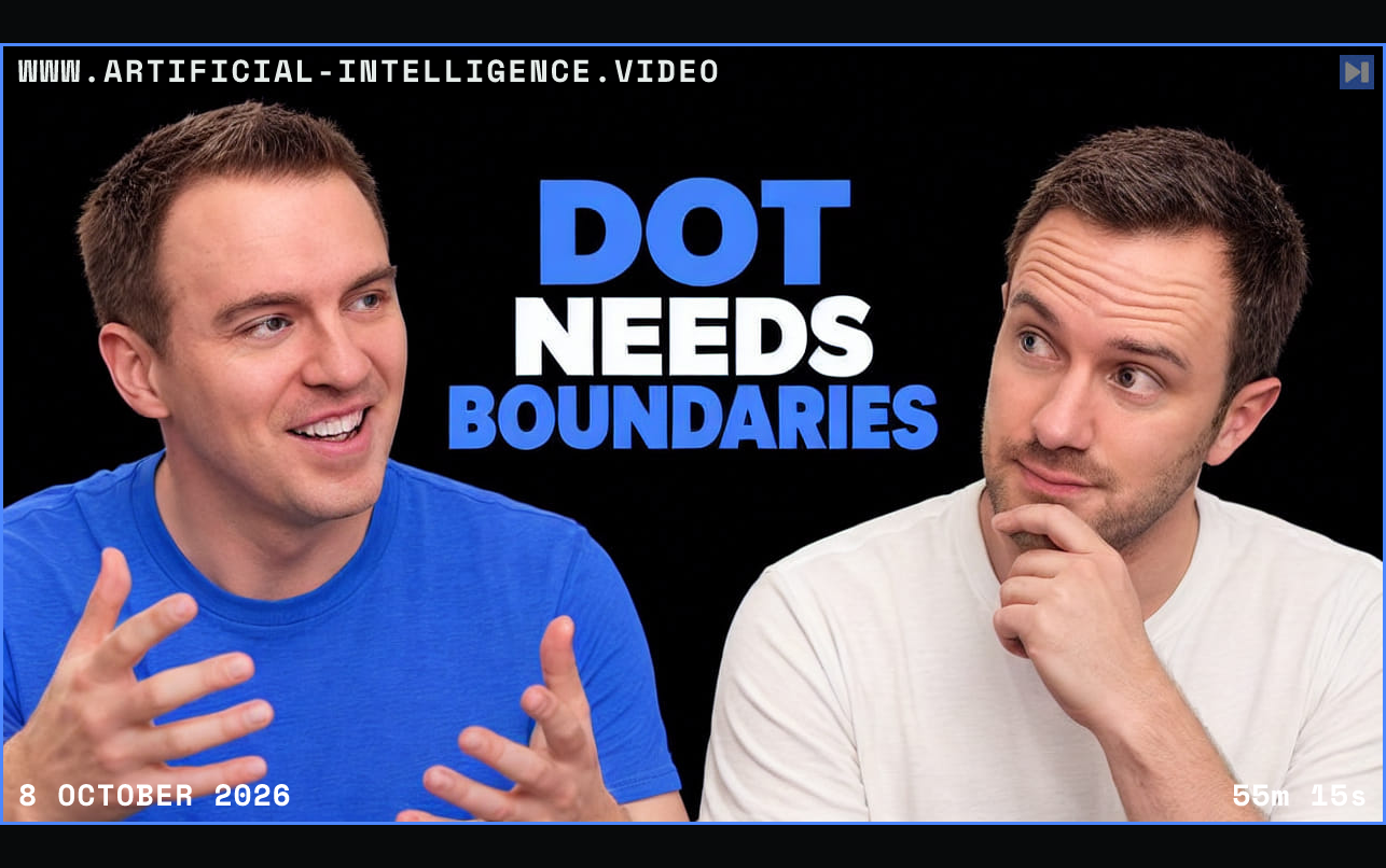 Mark Webster and Gael Breton discuss ChatGPT Dot beside the headline Dot Needs Boundaries on a black background. Framed in blue with WWW.ARTIFICIAL-INTELLIGENCE.VIDEO, 8 October 2026 and duration 55m 15s.