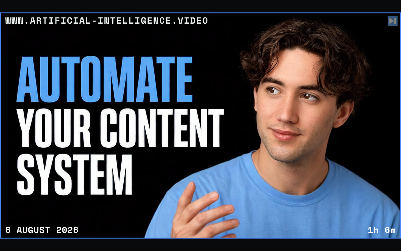 Drake Surach beside the headline Automate Your Content System Framed in blue with WWW.ARTIFICIAL-INTELLIGENCE.VIDEO, 6 August 2026 and duration 1h 6m.