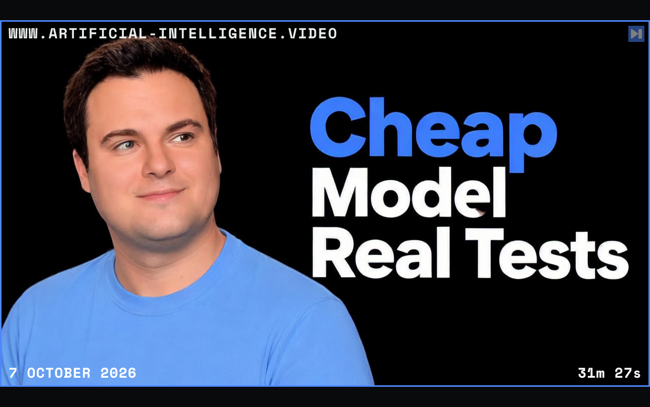 Bijan Bowen against a black background beside the blue and white headline Cheap Model Real Tests. Framed in blue with WWW.ARTIFICIAL-INTELLIGENCE.VIDEO, 7 October 2026 and duration 31m 27s.