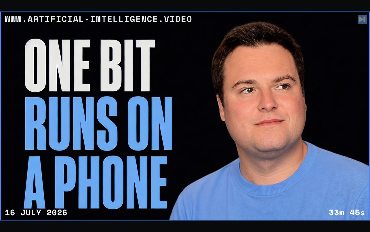 Portrait of Bijan Bowen beside the words One Bit Runs on a Phone Framed in blue with WWW.ARTIFICIAL-INTELLIGENCE.VIDEO, 16 July 2026 and duration 33m 45s.