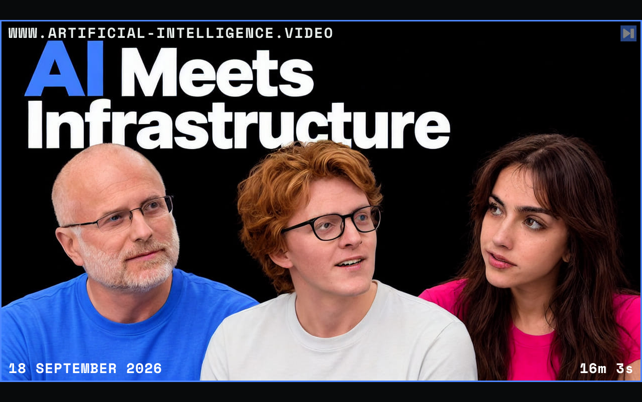 Brendan Carr, Theo Jaffee and Sofia Puccini against black beside the headline AI Meets Infrastructure. Framed in blue with WWW.ARTIFICIAL-INTELLIGENCE.VIDEO, 18 September 2026 and duration 16m 3s.