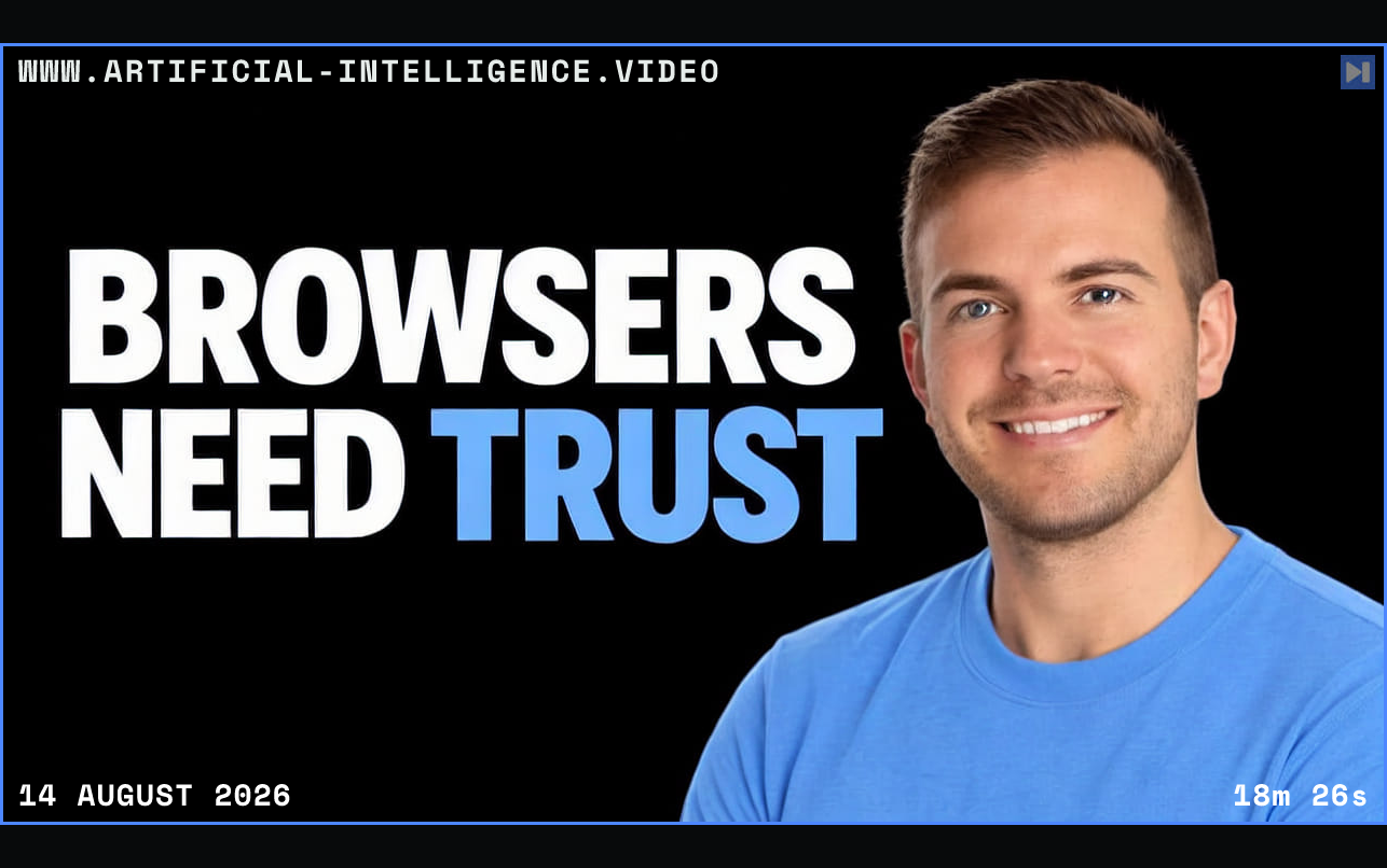 Paul Klein IV explaining browser-agent harnesses, authentication and reliable web infrastructure. Framed in blue with WWW.ARTIFICIAL-INTELLIGENCE.VIDEO, 14 August 2026 and duration 18m 26s.