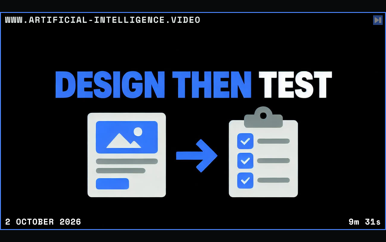 A flat illustration of a webpage design linked to a testing checklist beneath the blue-and-white headline Design Then Test on a black background. Framed in blue with WWW.ARTIFICIAL-INTELLIGENCE.VIDEO, 2 October 2026 and duration 9m 31s.