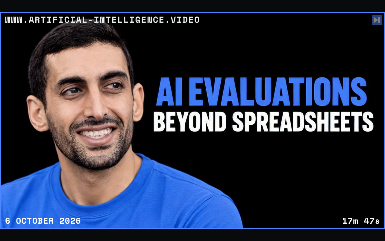Hossein Niazmandi beside the blue and white headline “AI EVALUATIONS - BEYOND SPREADSHEETS” on a black background. Framed in blue with WWW.ARTIFICIAL-INTELLIGENCE.VIDEO, 6 October 2026 and duration 17m 47s.