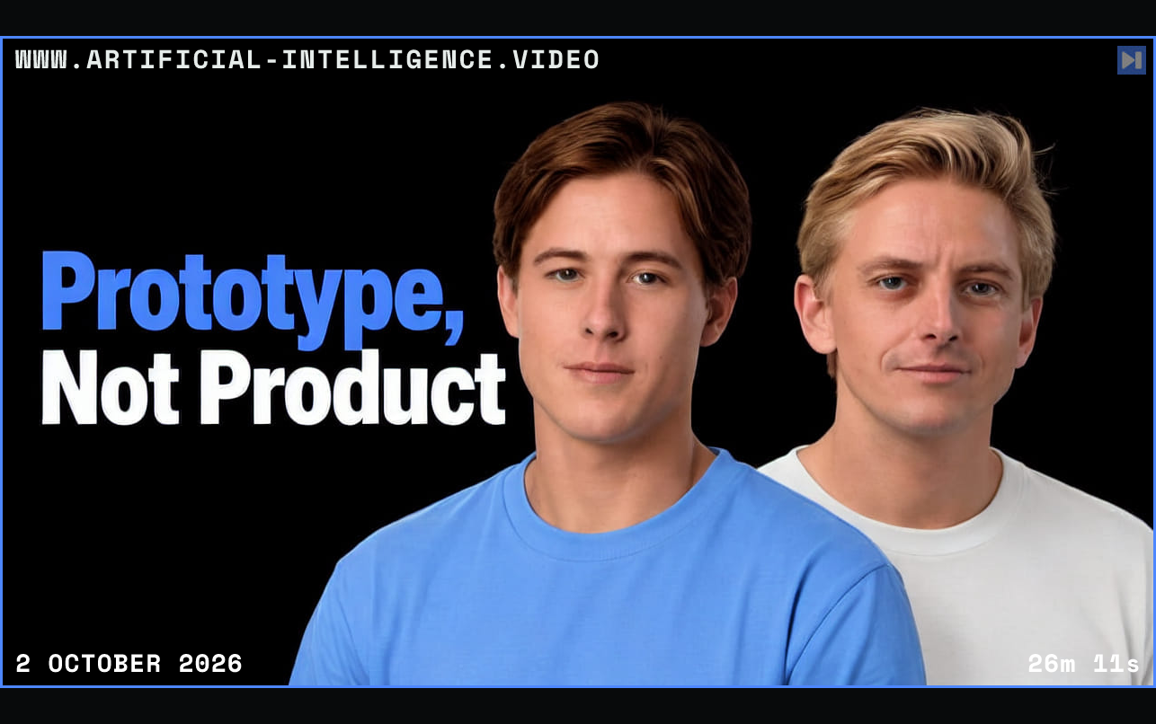 Remy Gaskell in blue and Thomas Schouten in white beside the blue and white Prototype, Not Product headline on black. Framed in blue with WWW.ARTIFICIAL-INTELLIGENCE.VIDEO, 2 October 2026 and duration 26m 11s.