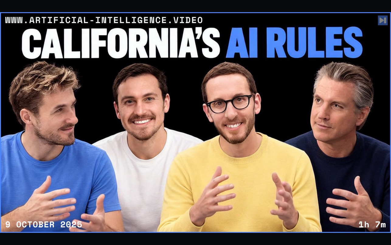 Pierce Freeman, Richard Diehl Martinez, Scott Wiener, Gavin Newsom against black with the blue and white headline "CALIFORNIA'S AI RULES". Framed in blue with WWW.ARTIFICIAL-INTELLIGENCE.VIDEO, 9 October 2025 and duration 1h 7m.