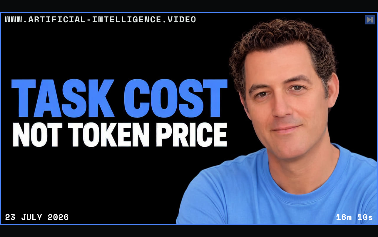 Matthew Berman in a blue top beside the blue and white “TASK COST NOT TOKEN PRICE” headline on black. Framed in blue with WWW.ARTIFICIAL-INTELLIGENCE.VIDEO, 23 July 2026 and duration 16m 10s.