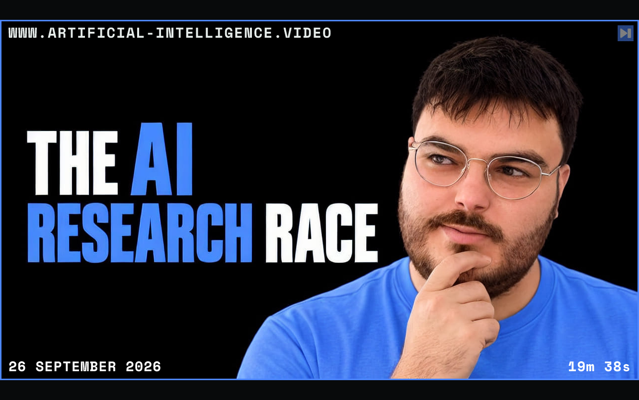 Elie Bakouch in blue and glasses on the right, touching his chin, beside “THE AI RESEARCH RACE” in white and blue on black. Framed in blue with WWW.ARTIFICIAL-INTELLIGENCE.VIDEO, 26 September 2026 and duration 19m 38s.