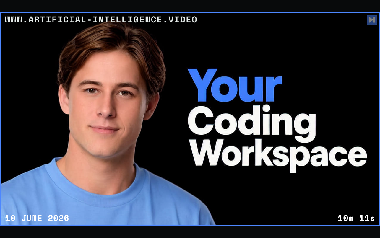 Remy Gaskell in a light-blue top on the left beside the blue and white Your Coding Workspace headline on black. Framed in blue with WWW.ARTIFICIAL-INTELLIGENCE.VIDEO, 10 June 2026 and duration 10m 11s.