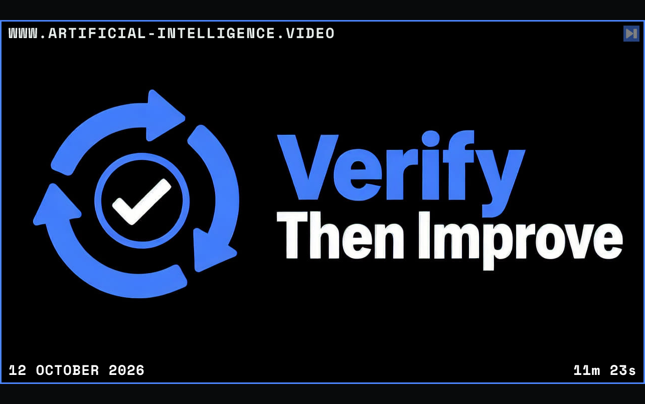 A blue circular verification loop and white check mark beside the blue Verify and white Then Improve headline on black. Framed in blue with WWW.ARTIFICIAL-INTELLIGENCE.VIDEO, 12 October 2026 and duration 11m 23s.
