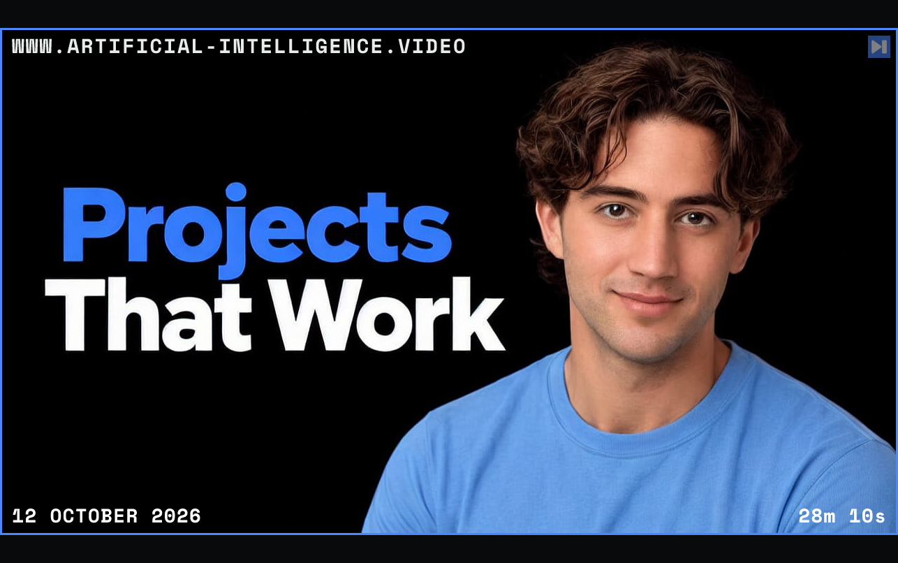Drake Surach in a blue top beside the blue-and-white headline Projects That Work against a black background. Framed in blue with WWW.ARTIFICIAL-INTELLIGENCE.VIDEO, 12 October 2026 and duration 28m 10s.