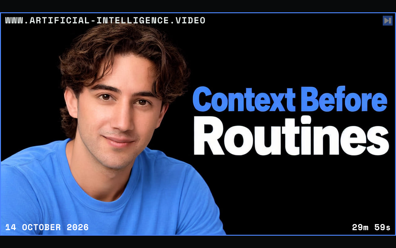 Drake Surach on black beside the blue and white headline Context Before Routines. Framed in blue with WWW.ARTIFICIAL-INTELLIGENCE.VIDEO, 14 October 2026 and duration 29m 59s.