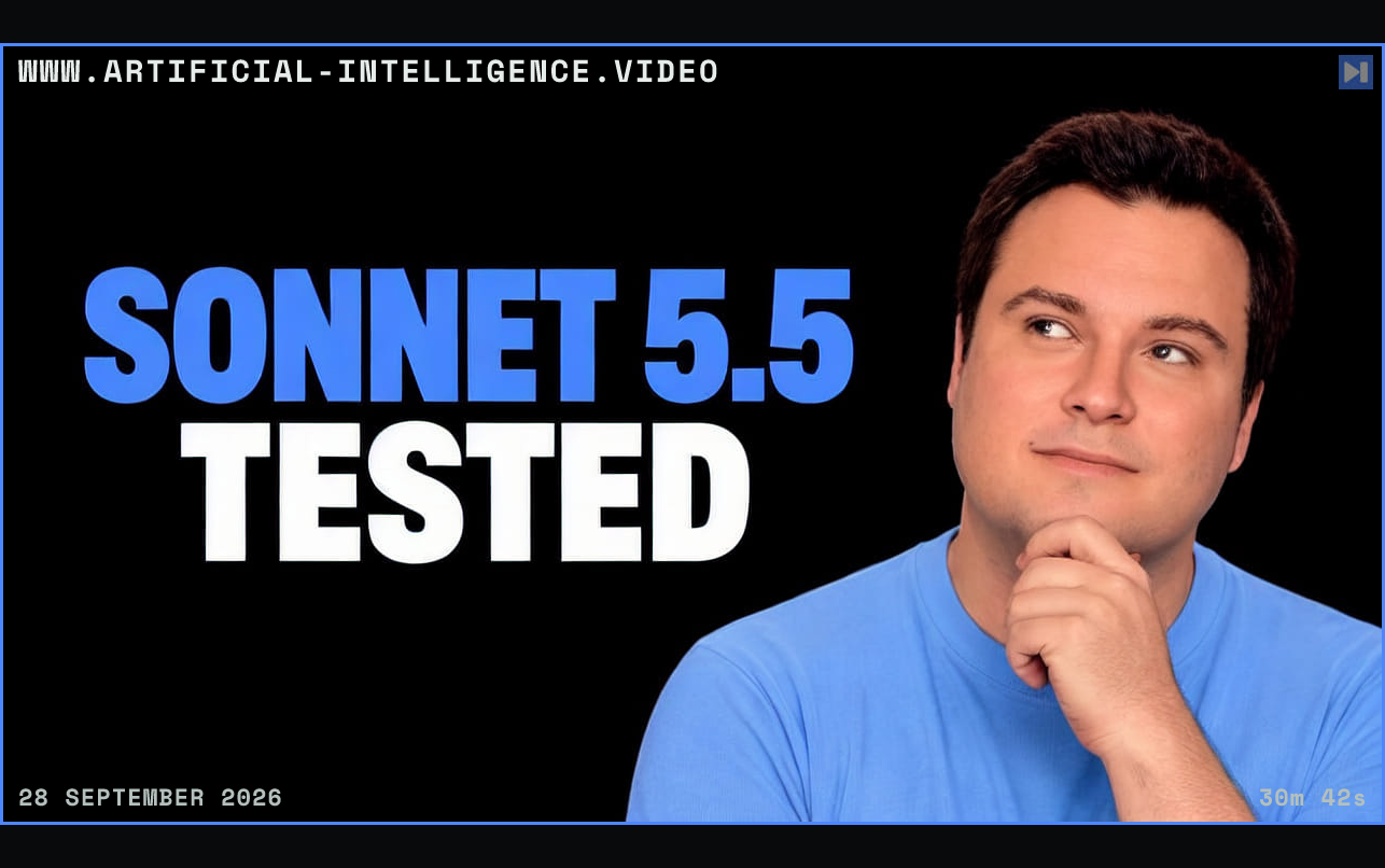 Bijan Bowen in blue on the right, touching his chin, beside “SONNET 5.5 TESTED” in blue and white on black. Framed in blue with WWW.ARTIFICIAL-INTELLIGENCE.VIDEO, 28 September 2026 and duration 30m 42s.