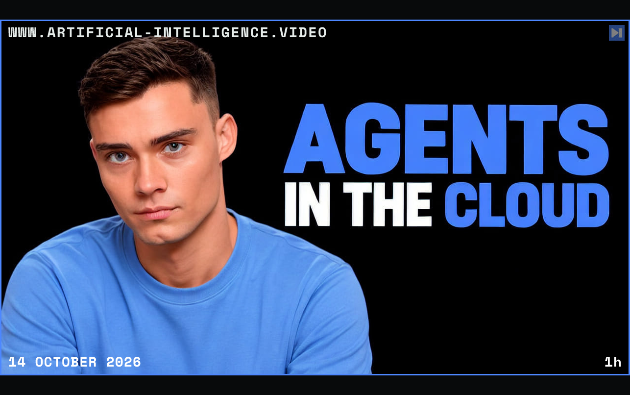 Editorial portrait of David Ondrej beside the blue-and-white headline AGENTS IN THE CLOUD against black. Framed in blue with WWW.ARTIFICIAL-INTELLIGENCE.VIDEO, 14 October 2026 and duration 1h.