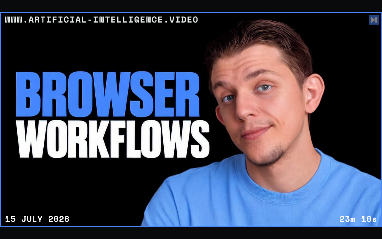 Riley Brown in a blue top beside the blue BROWSER and white WORKFLOWS headline against a black background. Framed in blue with WWW.ARTIFICIAL-INTELLIGENCE.VIDEO, 15 July 2026 and duration 23m 10s.
