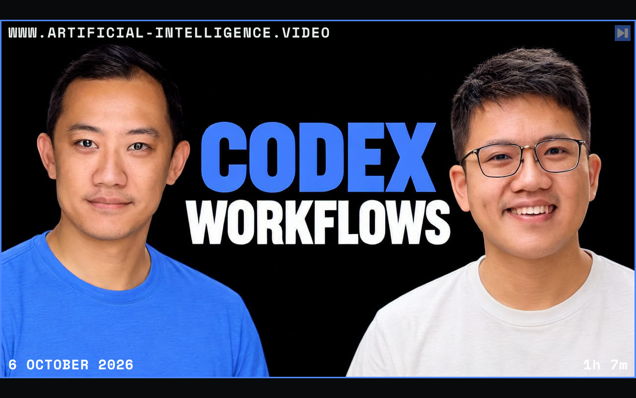 Charlie Guo and Gabriel Chua beside the headline Codex Workflows on a black background. Framed in blue with WWW.ARTIFICIAL-INTELLIGENCE.VIDEO, 6 October 2026 and duration 1h 7m.