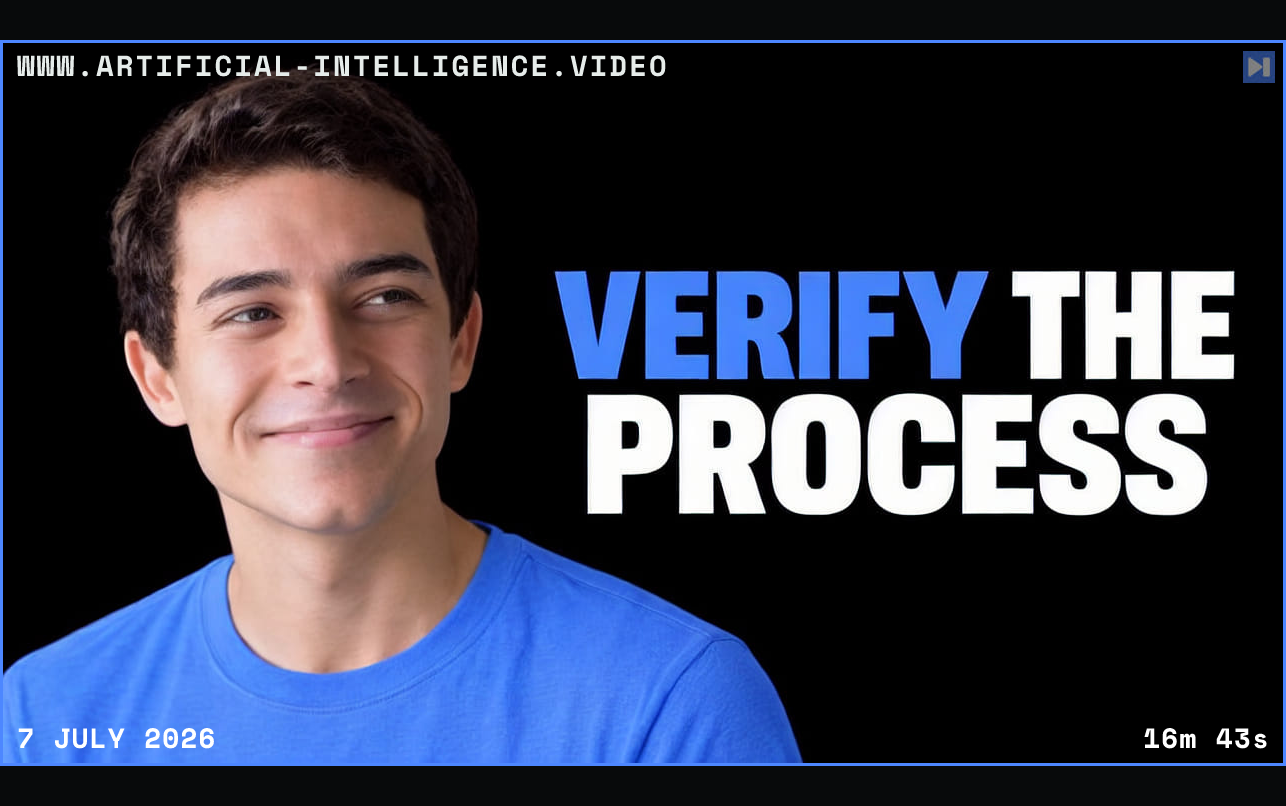 Andrew Dumit in a blue top beside a bold blue-and-white editorial headline on a black background. Framed in blue with WWW.ARTIFICIAL-INTELLIGENCE.VIDEO, 7 July 2026 and duration 16m 43s.