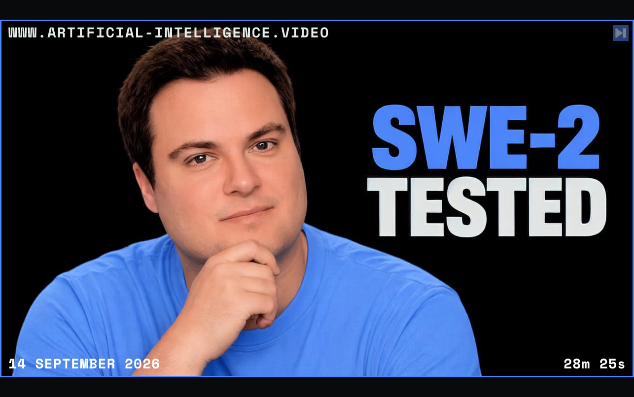 Bijan Bowen rests a hand at his chin beside blue SWE-2 and white TESTED lettering on black. Framed in blue with WWW.ARTIFICIAL-INTELLIGENCE.VIDEO, 14 September 2026 and duration 28m 25s.