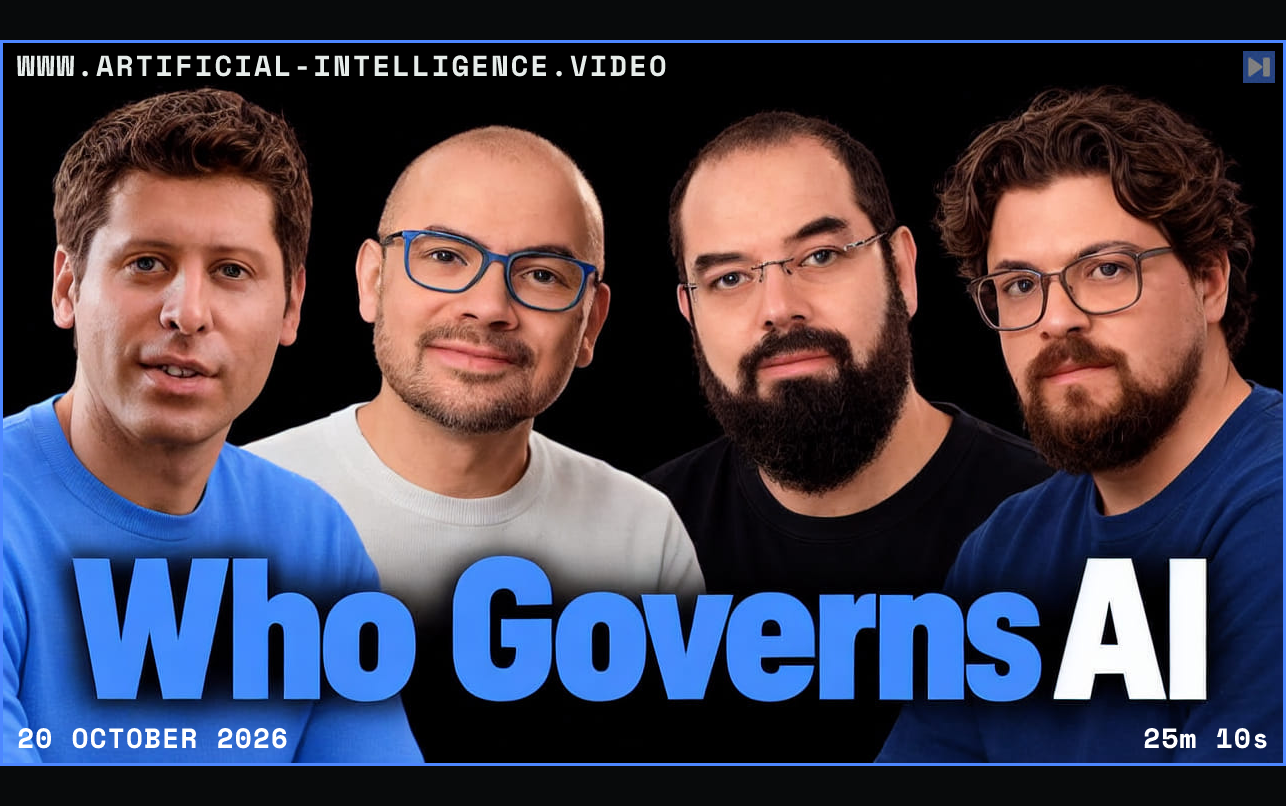 Principal people from the reviewed video on black beside the blue and white headline Who Governs AI. Framed in blue with WWW.ARTIFICIAL-INTELLIGENCE.VIDEO, 20 October 2026 and duration 25m 10s.