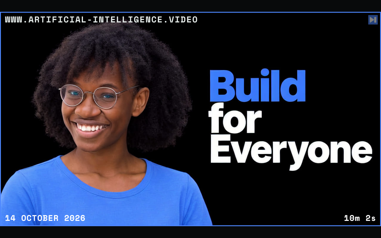 Jemima Abu wearing round glasses and a light-blue top on the left beside the blue and white Build for Everyone headline on black. Framed in blue with WWW.ARTIFICIAL-INTELLIGENCE.VIDEO, 14 October 2026 and duration 10m 2s.