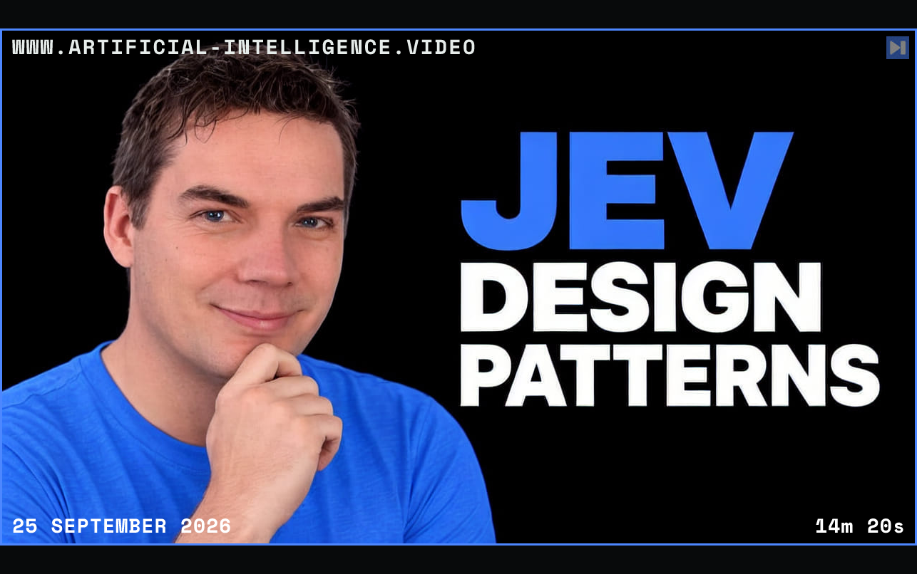Daniel Walsh in a blue top beside the blue and white headline JEV DESIGN PATTERNS on black. Framed in blue with WWW.ARTIFICIAL-INTELLIGENCE.VIDEO, 25 September 2026 and duration 14m 20s.