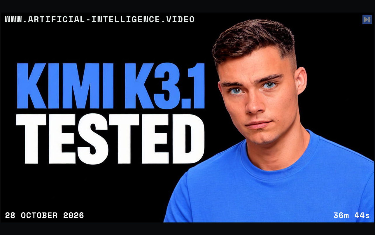 David Ondrej beside the blue and white words Kimi K3.1 Tested on black. With WWW.ARTIFICIAL-INTELLIGENCE.VIDEO, 28 October 2026 and duration 36m 44s.
