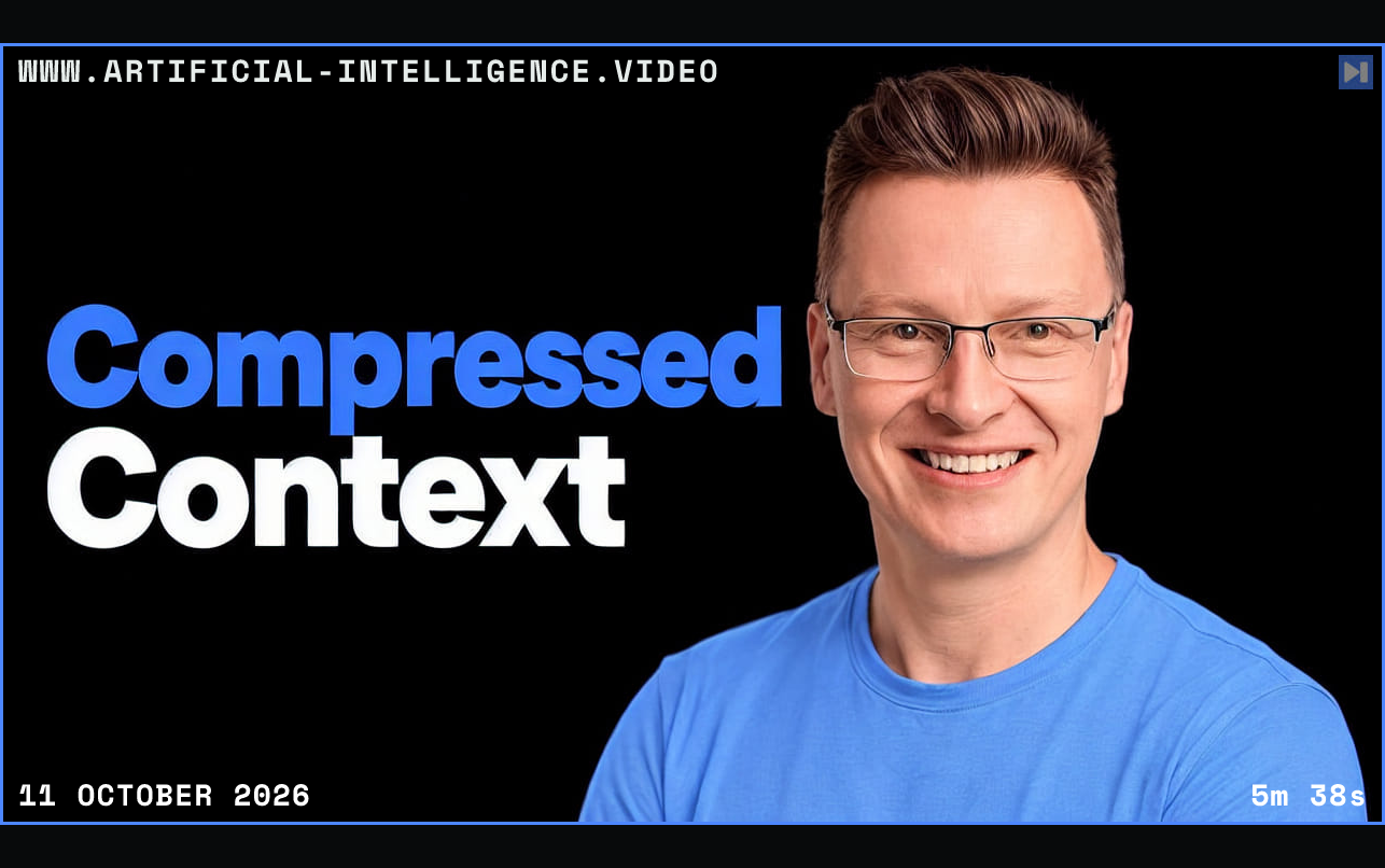 Károly Zsolnai-Fehér in a blue top against black beside the blue-and-white headline “Compressed Context”. Framed in blue with WWW.ARTIFICIAL-INTELLIGENCE.VIDEO, 11 October 2026 and duration 5m 38s.
