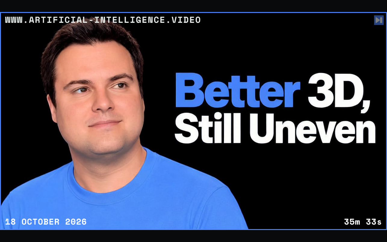 Bijan Bowen against black beside the headline Better 3D, Still Uneven. Framed in blue with WWW.ARTIFICIAL-INTELLIGENCE.VIDEO, 18 October 2026 and duration 35m 33s.