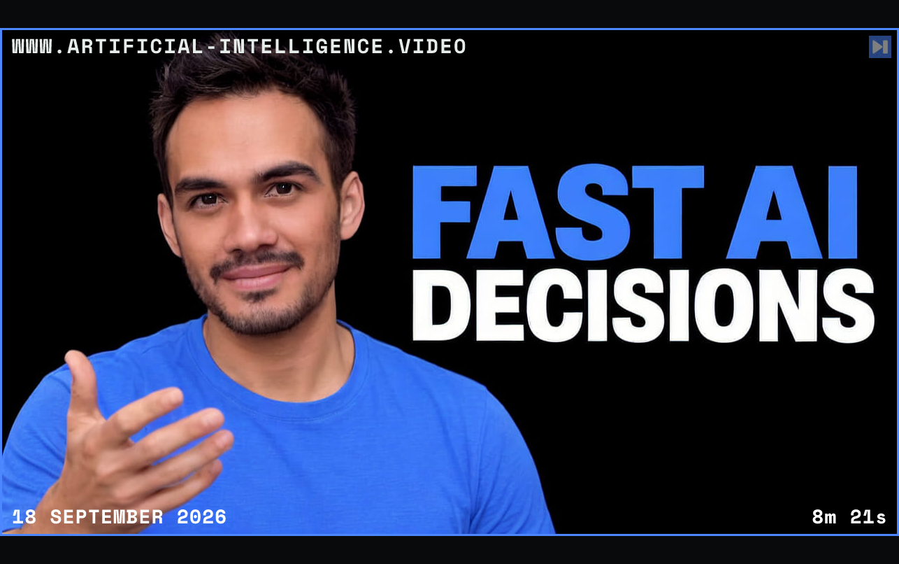 Diogo Almeida in a photographic portrait composition on black beside the blue-and-white headline “FAST AI DECISIONS”. Framed in blue with WWW.ARTIFICIAL-INTELLIGENCE.VIDEO, 18 September 2026 and duration 8m 21s.