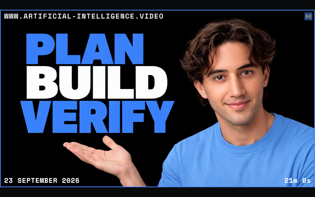 Drake Surach in a blue shirt holds an open palm beside the blue-and-white headline “PLAN BUILD VERIFY” on a black background. Framed in blue with WWW.ARTIFICIAL-INTELLIGENCE.VIDEO, 23 September 2026 and duration 21m 6s.