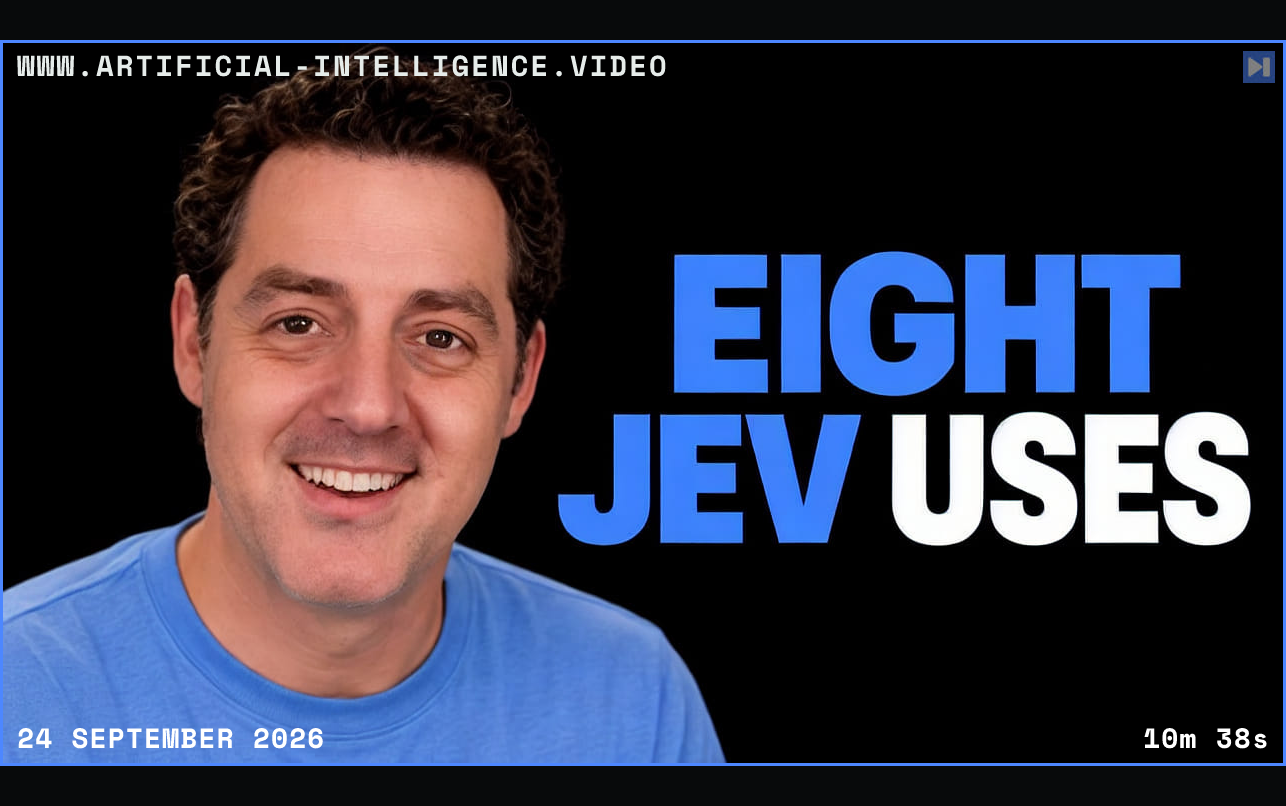 Matthew Berman in a blue top beside the blue-and-white headline “EIGHT JEV USES” on black. Framed in blue with WWW.ARTIFICIAL-INTELLIGENCE.VIDEO, 24 September 2026 and duration 10m 38s.