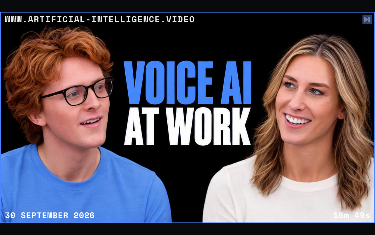 Theo Jaffee and Ashley Kramer beside the headline VOICE AI AT WORK on a black background. Framed in blue with WWW.ARTIFICIAL-INTELLIGENCE.VIDEO, 30 September 2026 and duration 16m 49s.