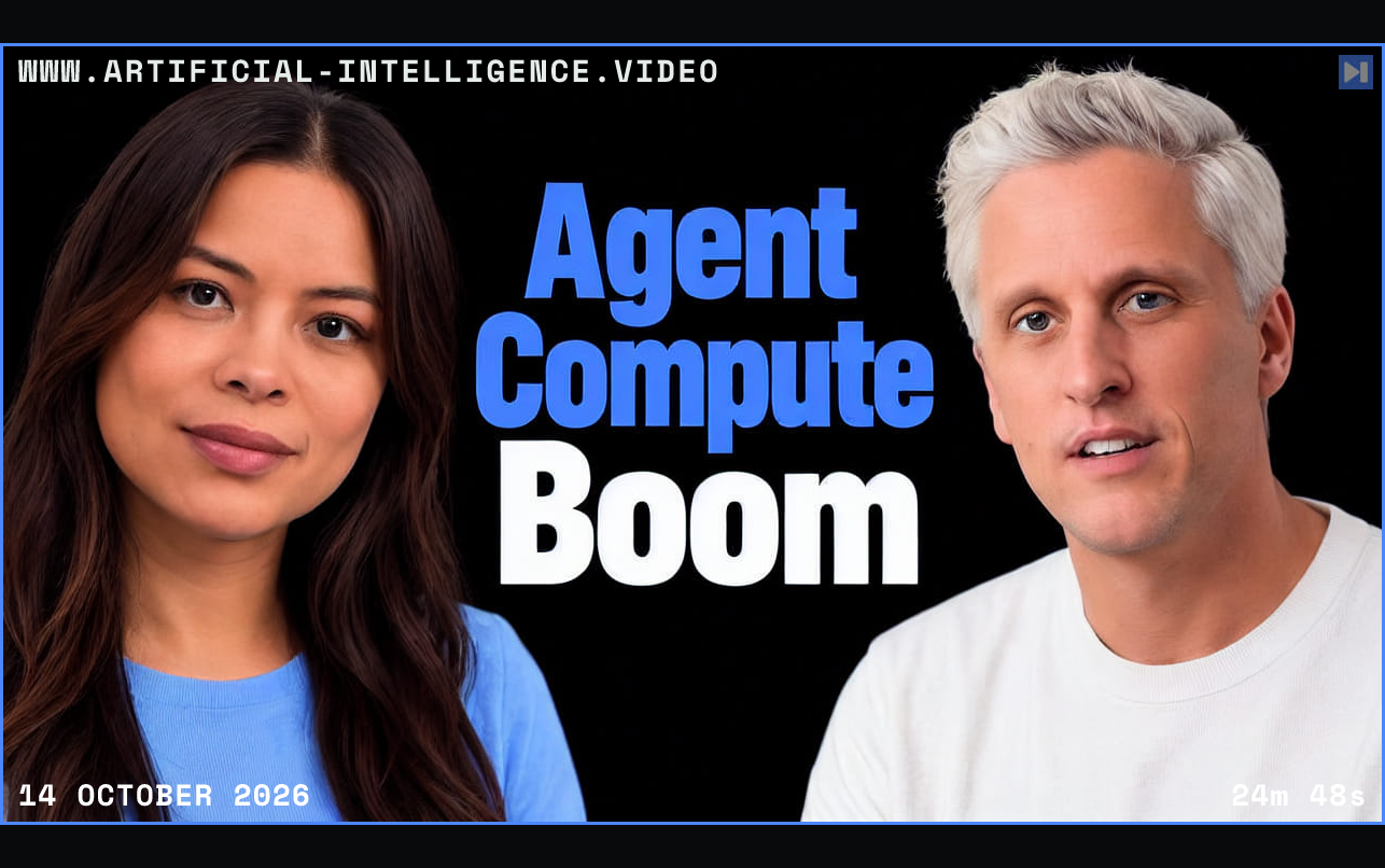 Sophia Dew and Aaron Levie flank the large blue Agent Compute and white Boom headline against black. Framed in blue with WWW.ARTIFICIAL-INTELLIGENCE.VIDEO, 14 October 2026 and duration 24m 48s.