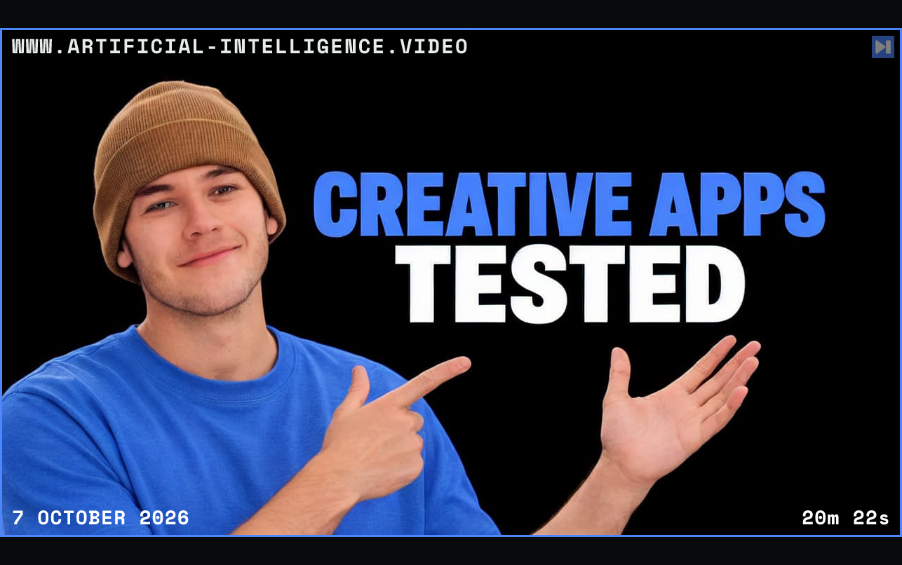 Felix Umland gestures beside the blue and white headline Creative Apps Tested on a black background. Framed in blue with WWW.ARTIFICIAL-INTELLIGENCE.VIDEO, 7 October 2026 and duration 20m 22s.