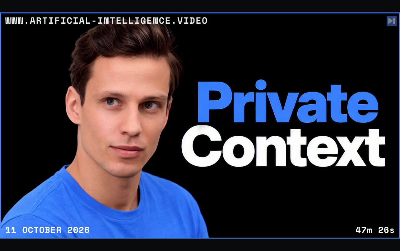 Filip Makraduli in a blue top on the left, with the blue and white headline Private Context on a black background. Framed in blue with WWW.ARTIFICIAL-INTELLIGENCE.VIDEO, 11 October 2026 and duration 47m 26s.