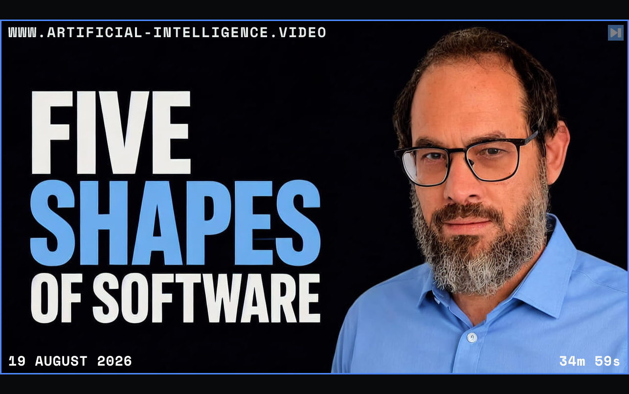 Portrait of Nate B Jones beside the words Five Shapes of Software Framed in blue with WWW.ARTIFICIAL-INTELLIGENCE.VIDEO, 19 August 2026 and duration 34m 59s.