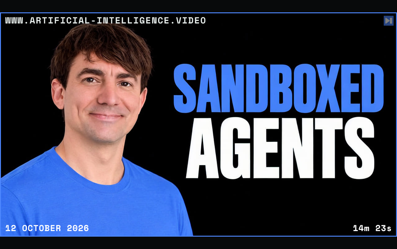 Robert Brennan in a blue top on the left beside the blue-and-white SANDBOXED AGENTS headline against black. Framed in blue with WWW.ARTIFICIAL-INTELLIGENCE.VIDEO, 12 October 2026 and duration 14m 23s.