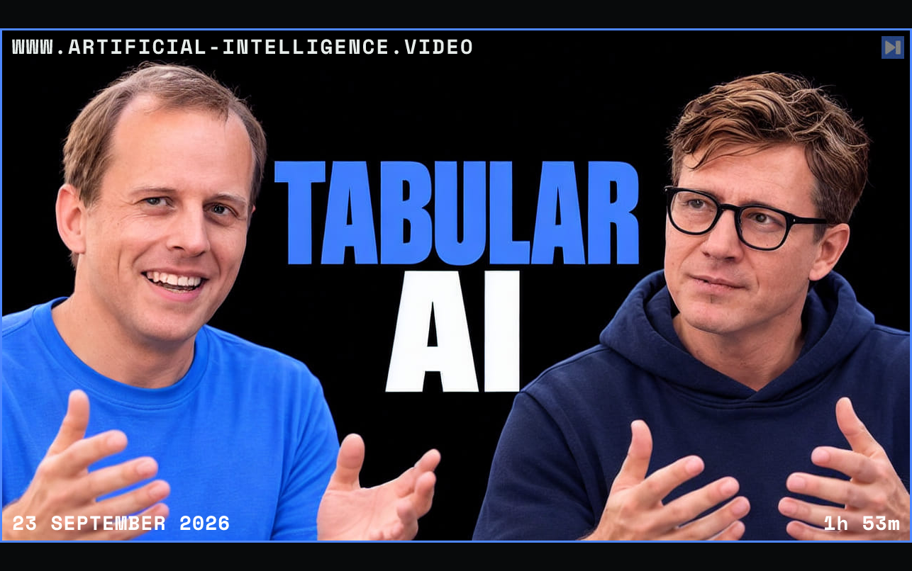 Frank Hutter in blue and Tim Scarfe wearing glasses and navy gesture beside the blue-and-white headline “TABULAR AI” on black. Framed in blue with WWW.ARTIFICIAL-INTELLIGENCE.VIDEO, 23 September 2026 and duration 1h 53m.