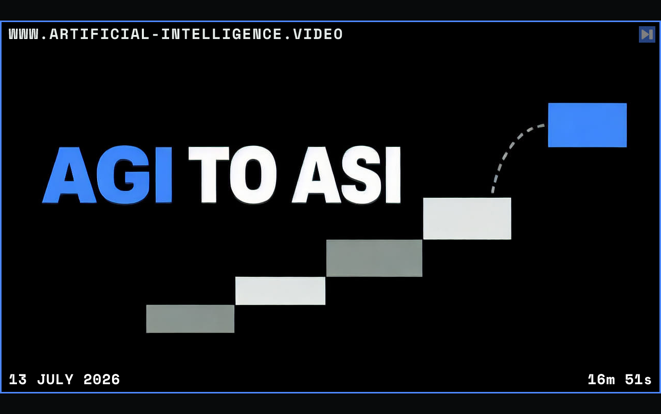 Blue-and-white AGI TO ASI headline beside flat ascending steps with a gap on a black background, with no people. Framed in blue with WWW.ARTIFICIAL-INTELLIGENCE.VIDEO, 13 July 2026 and duration 16m 51s.
