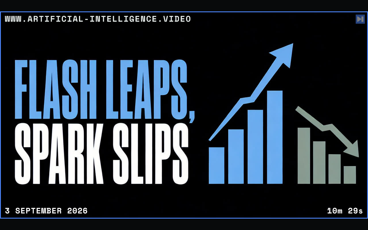 Flash Leaps, Spark Slips benchmark thumbnail Framed in blue with WWW.ARTIFICIAL-INTELLIGENCE.VIDEO, 3 September 2026 and duration 10m 29s.